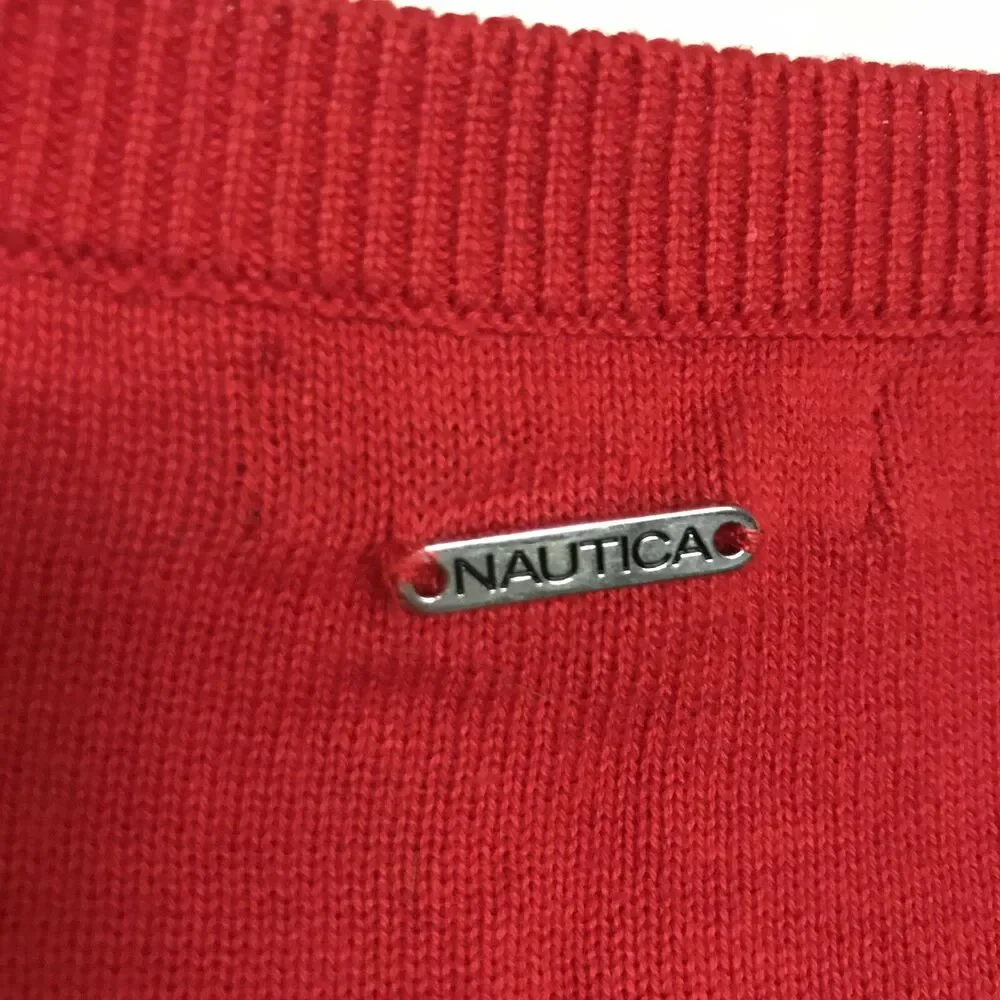 Nautica Red Sweater With Blue Stripes On Cuffs - Size Small - Shoulder Buttons